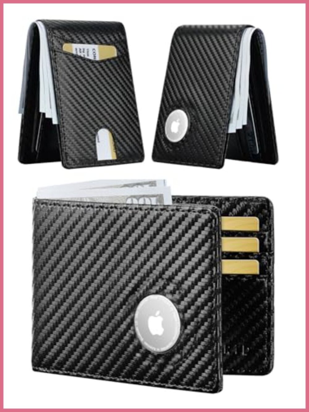 Carbon Fiber Leather Wallet with AirTag Slot RFID Blocking Bifold Minimalist